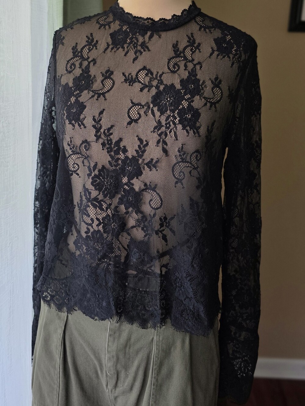 Divided Black Lace Mock Neck Sheer Long Sleeve Top Blouse Size 8